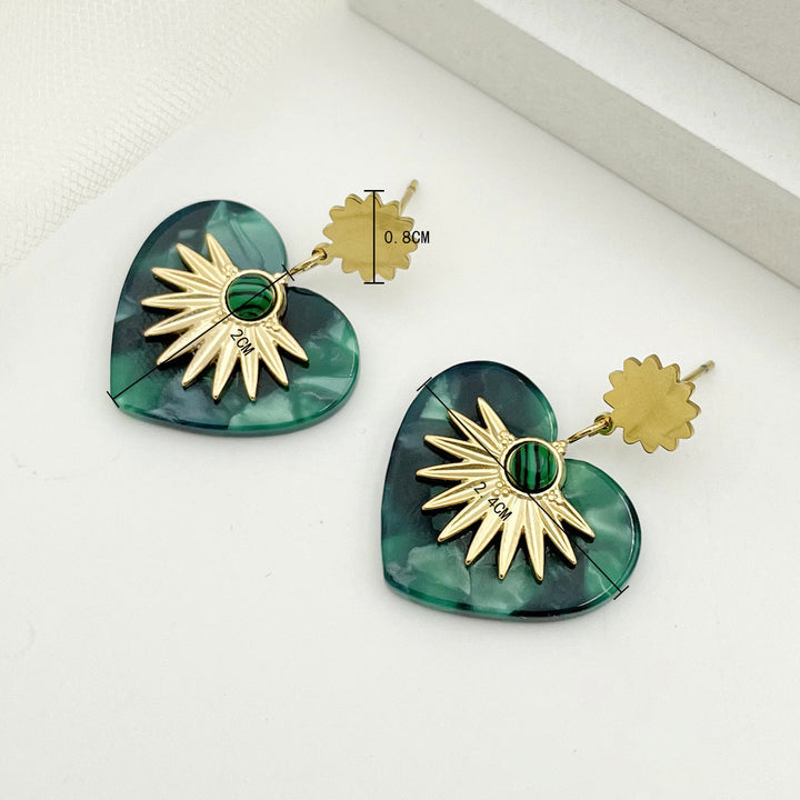Boucles d'oreilles en forme de cœur en acier inoxydable doré et agate mousse Olivenorma 