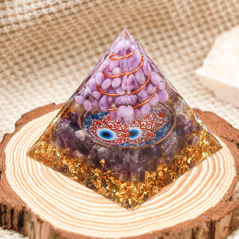 Pyramide d'orgone de protection Hamsa en améthyste Olivenorma avec jade violet