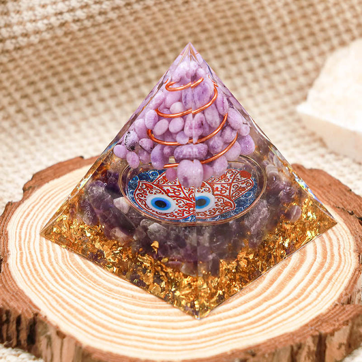 Pyramide d'orgone de protection Hamsa en améthyste Olivenorma avec jade violet