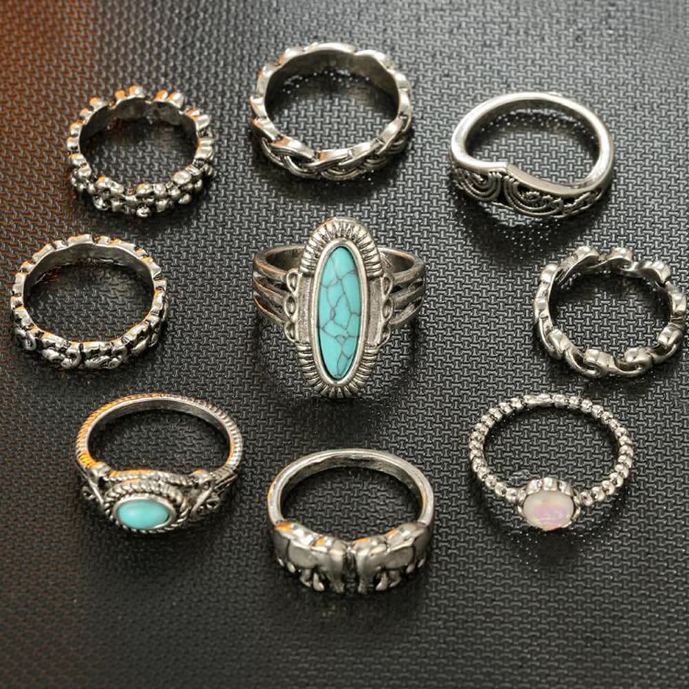 Ensemble de 8 bagues en feuille d'éléphant turquoise et opale Olivenorma 