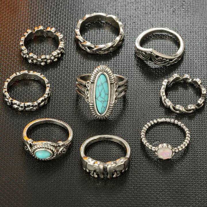 Ensemble de 8 bagues en feuille d'éléphant turquoise et opale Olivenorma 