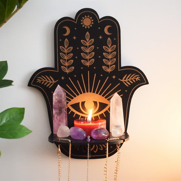 Etagère en cristal pour autel avec motif floral, soleil et lune, main de Hamsa Olivenorma 