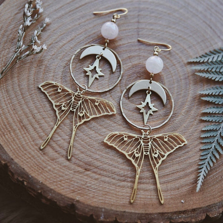Boucles d'oreilles en quartz rose naturel avec étoile et papillon de lune Olivenorma