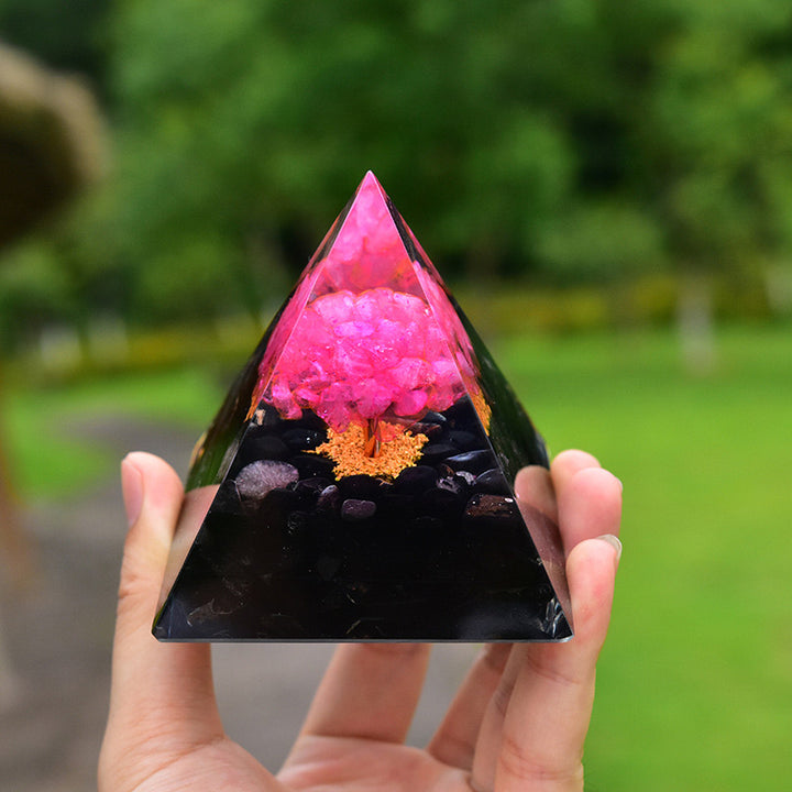 Pyramide d'orgone de guérison en obsidienne Olivenorma avec cristal rose