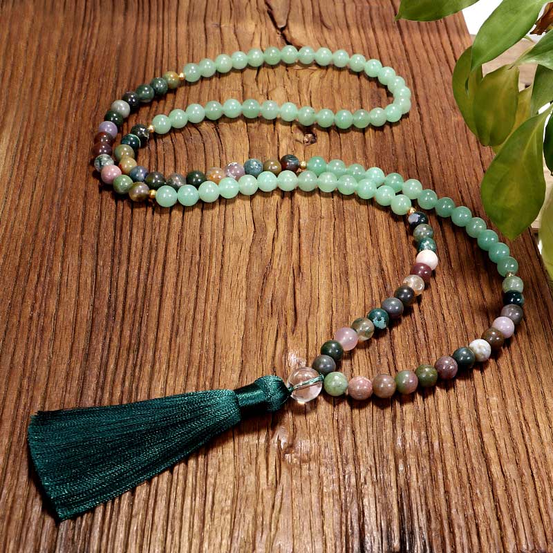 Collier Bracelet Mala en Aventurine Verte et Agate Indienne Olivenorma 