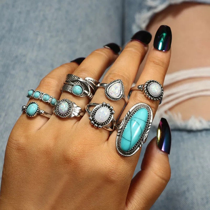 Ensemble de 8 bagues en feuille d'éléphant turquoise et opale Olivenorma 