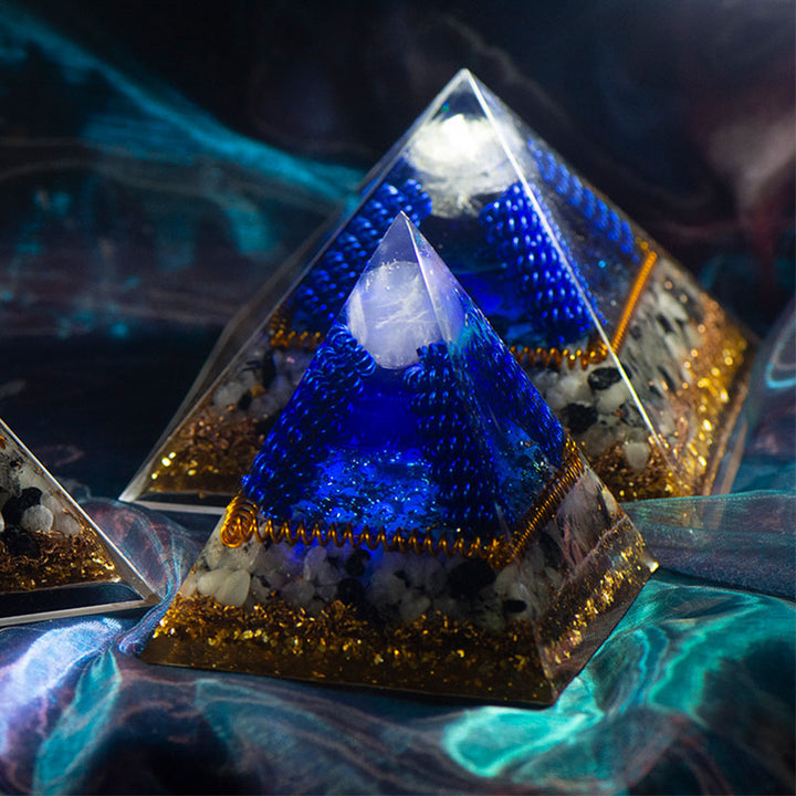 Pyramide d'orgone en labradorite Olivenorma avec œil de tigre