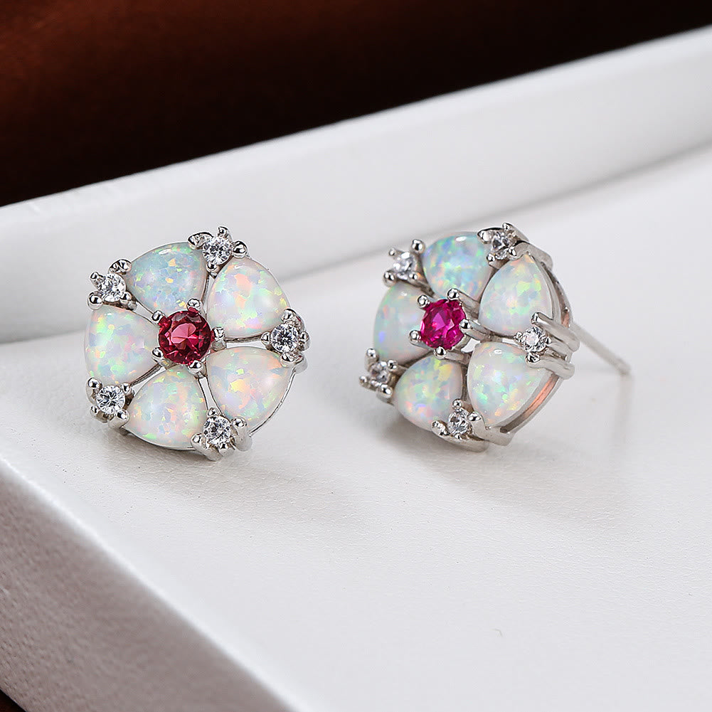 Boucles d'oreilles en forme de fleur d'opale Olivenorma - Opale blanche et zircon rose rouge - image 9