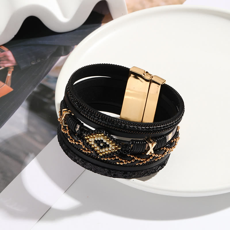 Bracelet large en métal tissé avec perles de riz en zircon Olivenorma