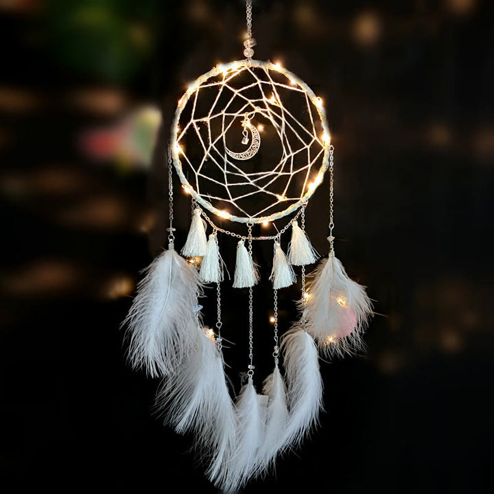 Pendentif attrape-rêves en forme de lune en plumes blanches de fée Olivenorma