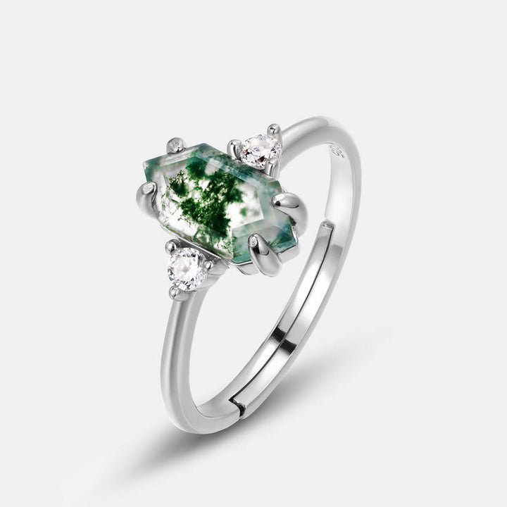 Bague ajustable Olivenorma en agate mousse hexagonale et zircon blanc S925