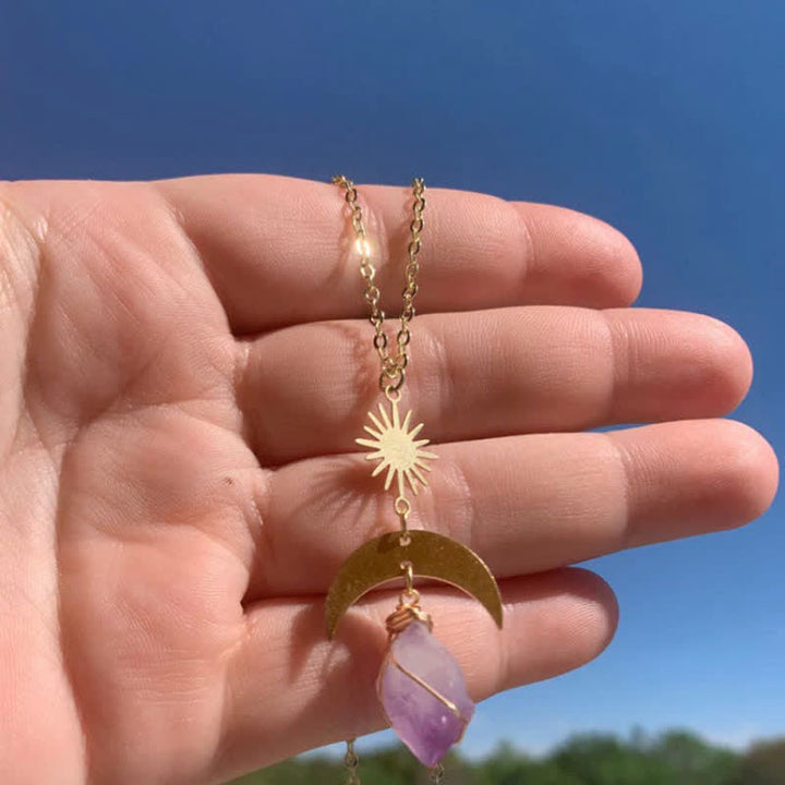 Collier avec boucles d'oreilles sorcière en améthyste et soleil levant