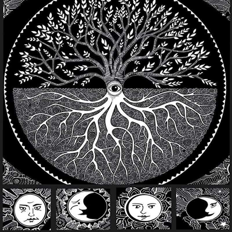 Tapisserie murale représentant l'arbre de vie et l'art de la méditation