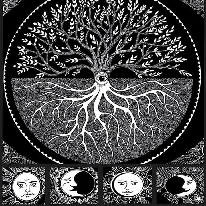 Tapisserie murale représentant l'arbre de vie et l'art de la méditation