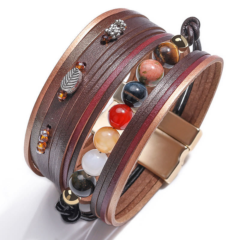 Bracelet multicouche en cuir et perles de cristal naturel Olivenorma