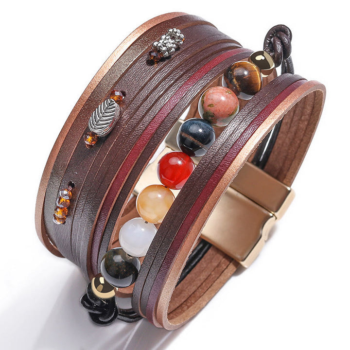 Bracelet multicouche en cuir et perles de cristal naturel Olivenorma