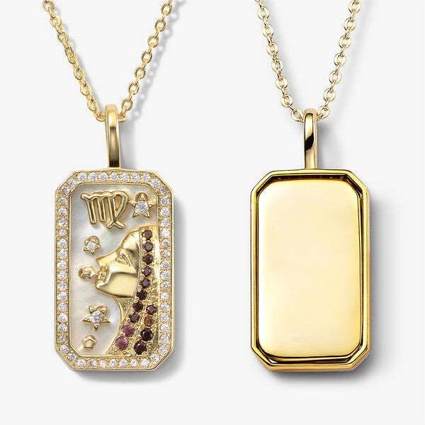 Collier avec plaque signalétique gravée avec 12 signes du zodiaque en zircon blanc Olivenorma 