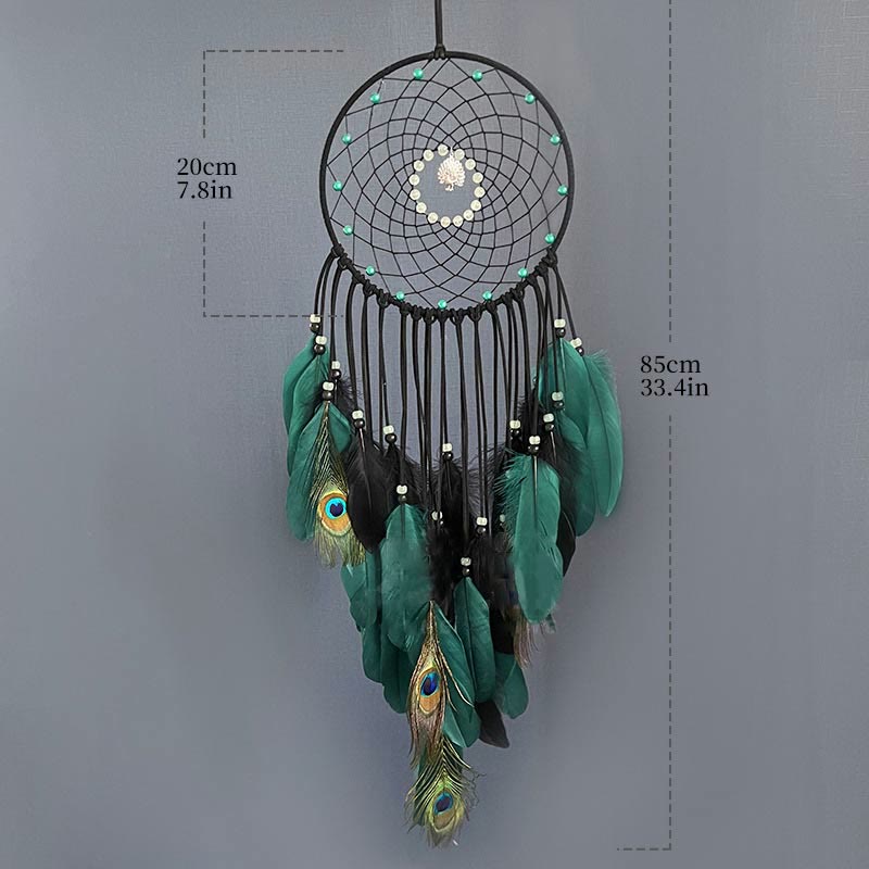Attrape-rêves en plumes de paon fait main avec perles phosphorescentes Olivenorma