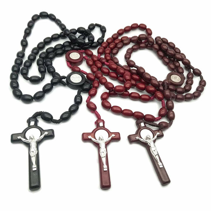 Collier chapelet et croix en perles de bois Olivenorma 