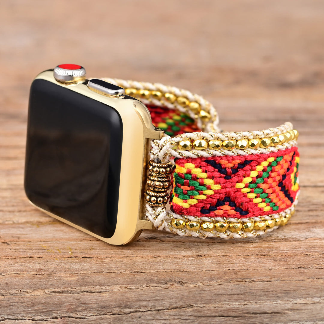 Bracelet de montre Apple Watch tressé en nylon orange rouge avec zircon doré Olivenorma 