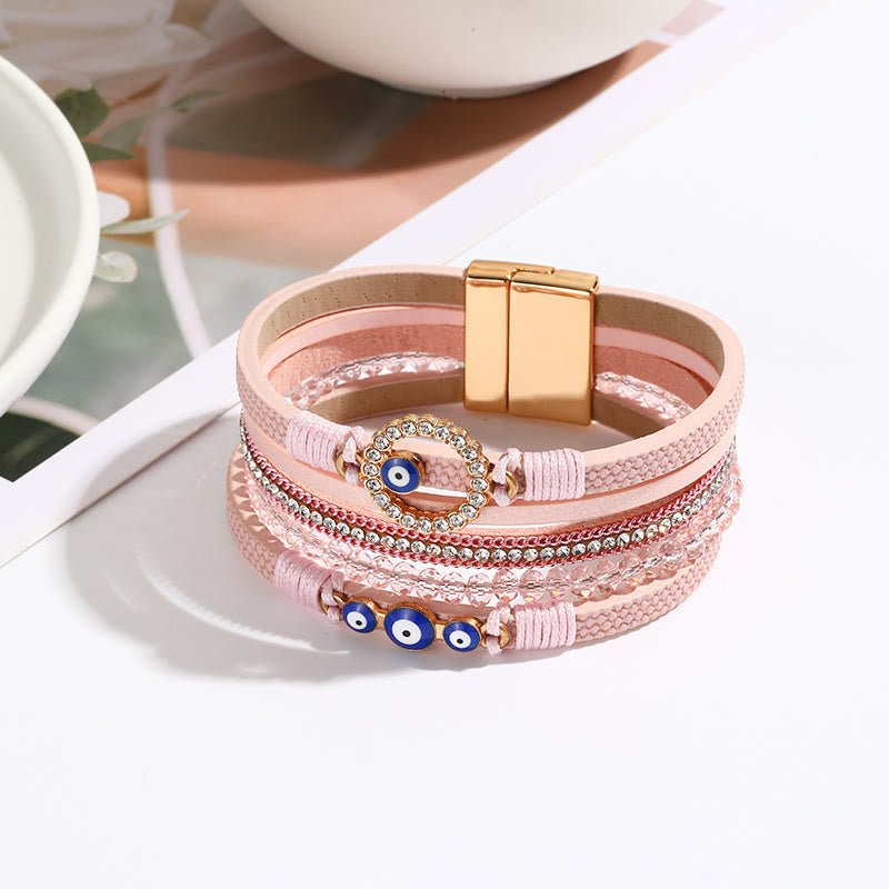 Bracelet large en cuir et métal avec zircon blanc et mauvais œil Olivenorma