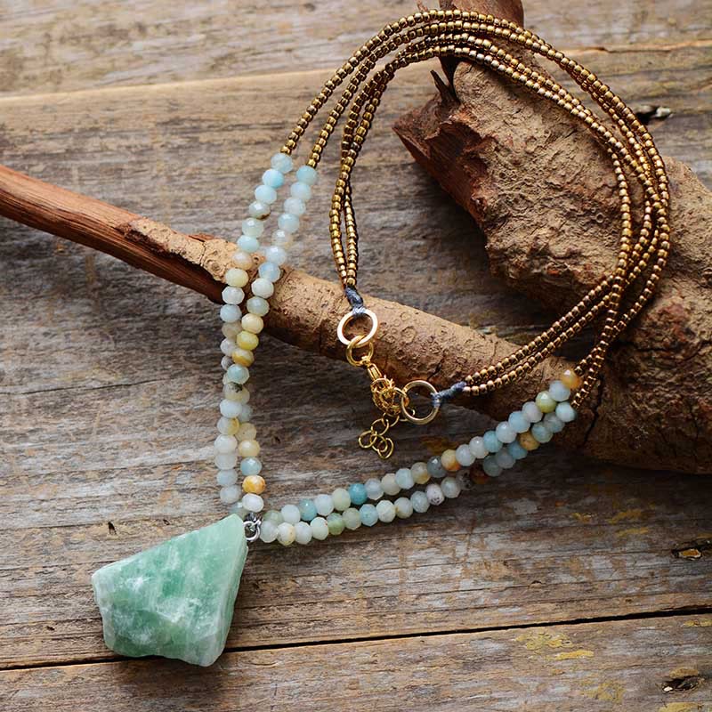 Collier à double chaîne avec pendentif en amazonite naturelle Olivenorma