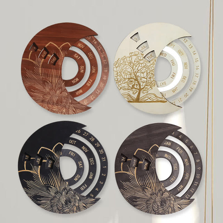 Calendrier perpétuel en forme de croissant de lune en bois avec cercle Olivenorma pour décoration murale
