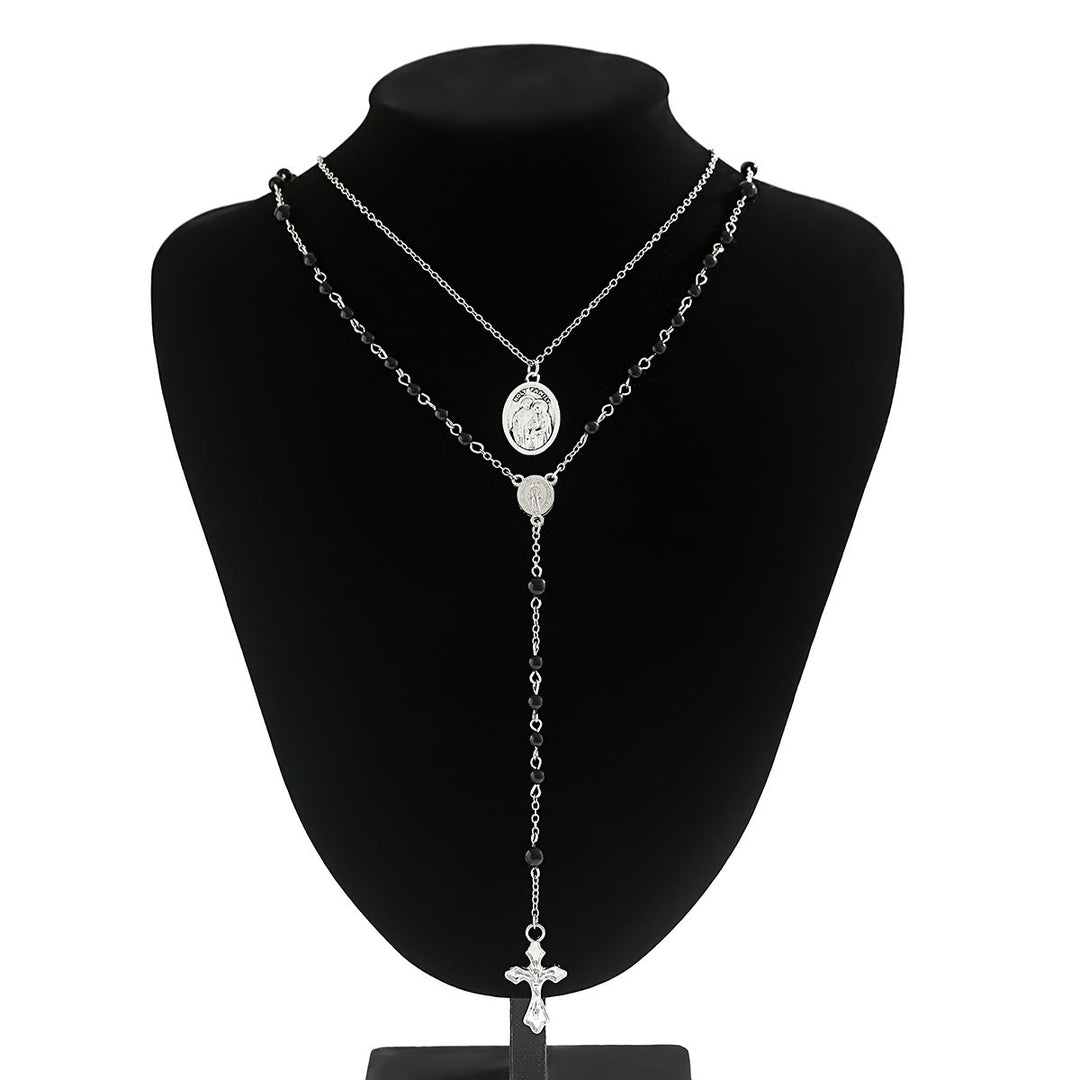 Collier chapelet avec pendentif croix en perles d'obsidienne Olivenorma 