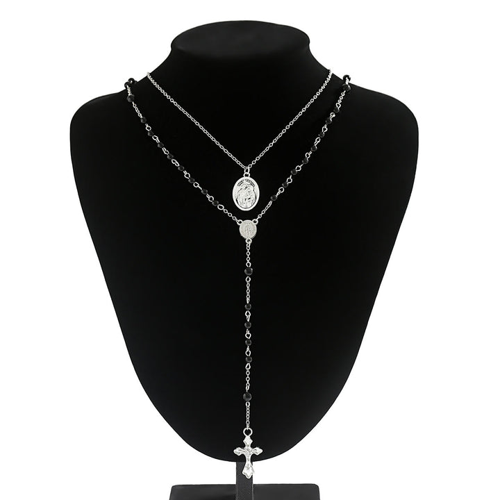 Collier chapelet avec pendentif croix en perles d'obsidienne Olivenorma 