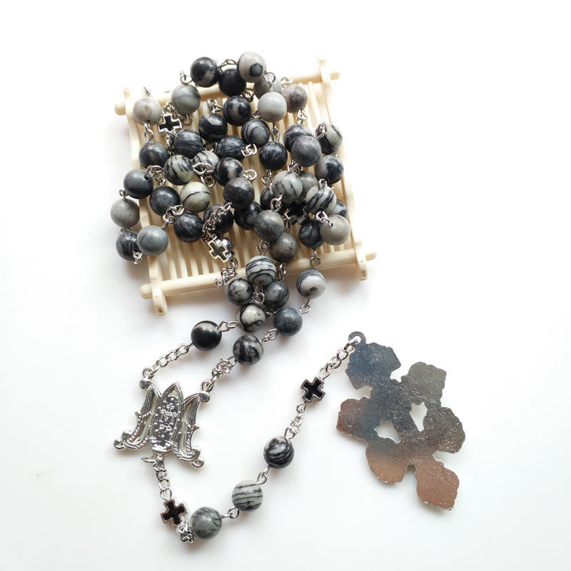 Collier chapelet en agate noire Olivenorma avec croix de la Sainte Mère 
