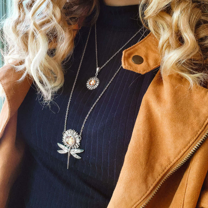 Collier pendentif tournesol libellule en pierre de soleil Olivenorma 