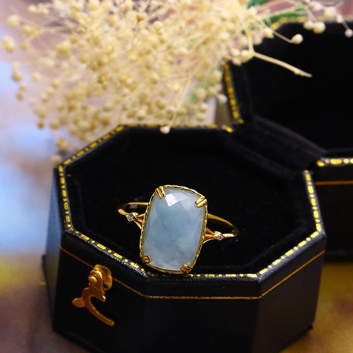 Bague vintage Olivenorma grande aigue-marine carrée en onyx noir