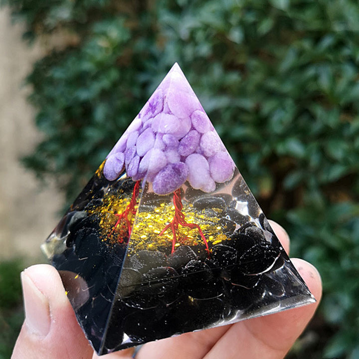 Pyramide d'orgone d'arbre de vie en obsidienne de jade violet Olivenorma