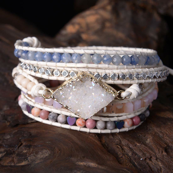 Bracelet enroulé fait main en quartz rose et cyanite de style bohème Olivenorma 