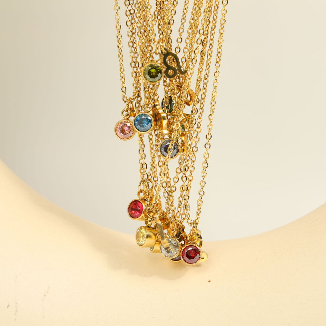 Collier en acier inoxydable avec pierre de naissance et runes du zodiaque Olivenorma
