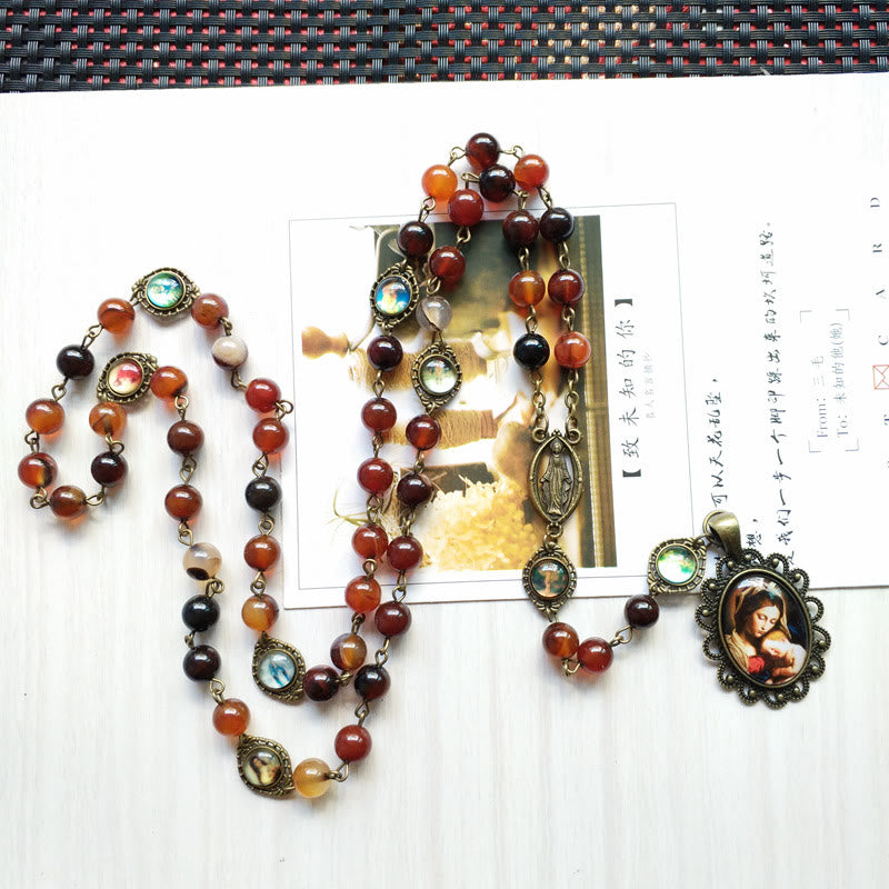 Collier chapelet avec pendentif médaille sacrée de la Vierge en agate Olivenorma 