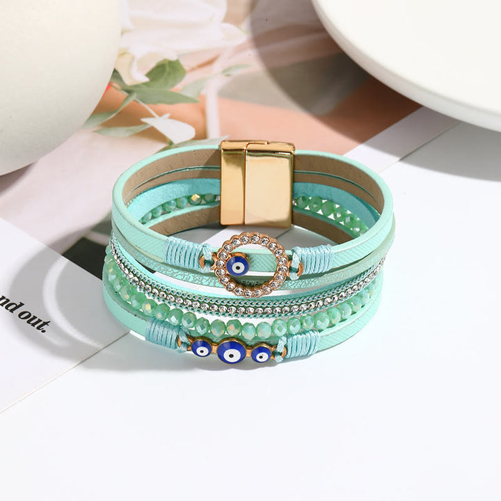 Bracelet large en cuir et métal avec zircon blanc et mauvais œil Olivenorma