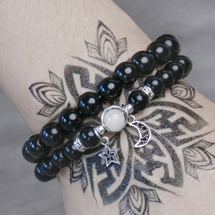 Bracelet en obsidienne de grès bleu Olivenorma avec perles de 6 mm en forme d'étoile et de lune