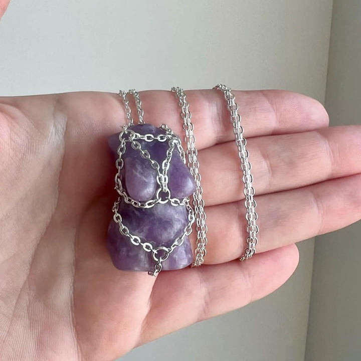 Collier avec pendentif en pierre brute et maille métallique en cristal Olivenorma 