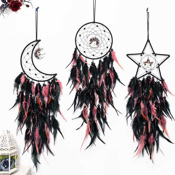 Attrape - rêves en tourmaline noire et rose avec plumes - image 0