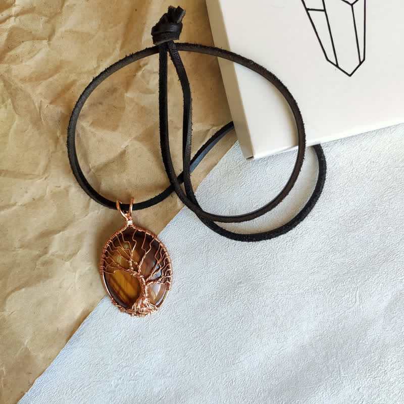 Collier ovale en pierre précieuse arbre de vie œil de tigre Olivenorma 
