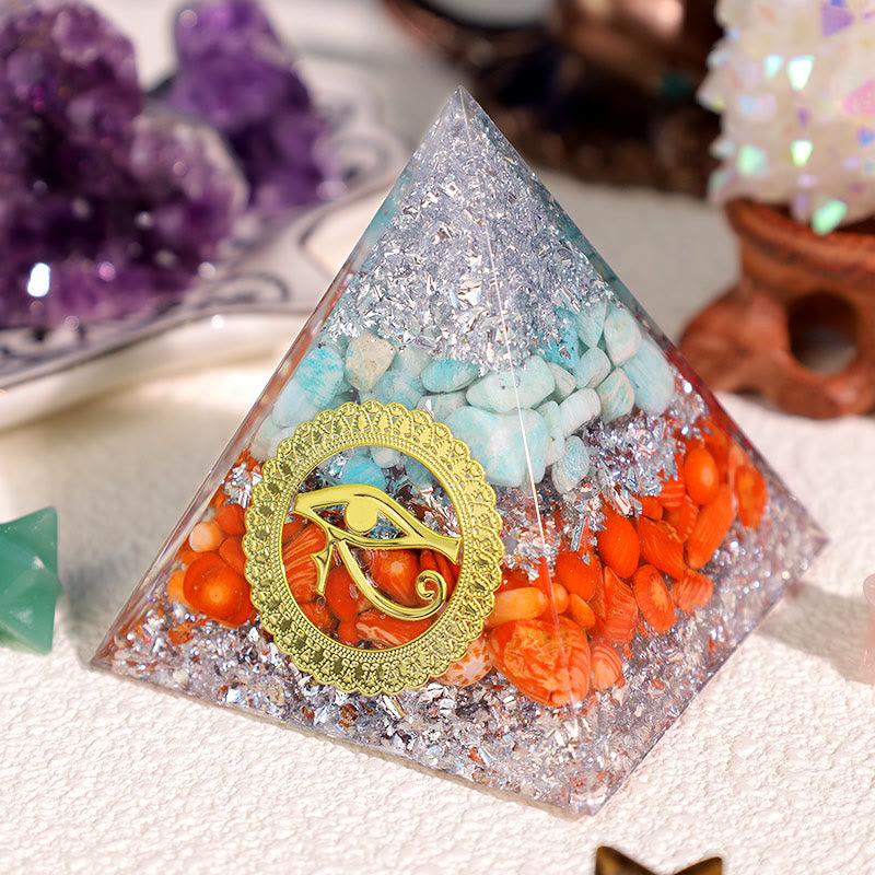 Pyramide d'orgone en corail rouge amazonite Olivenorma œil d'Horus