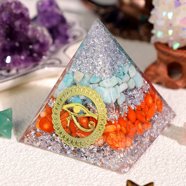 Pyramide d'orgone en corail rouge amazonite Olivenorma œil d'Horus