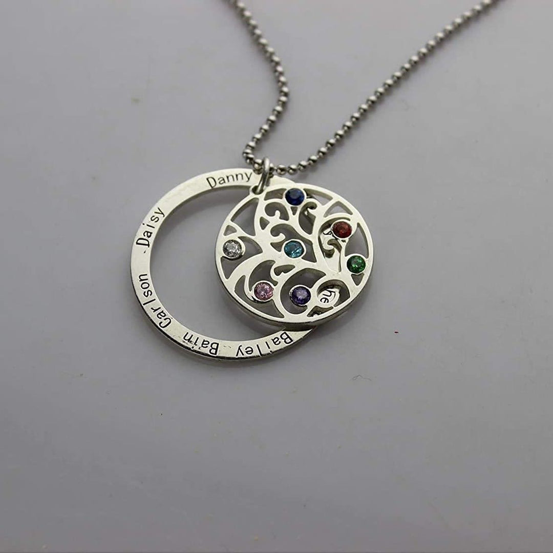 Collier avec pierre de naissance gravée du nom de l'arbre de vie Olivenorma 