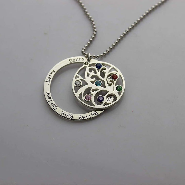 Collier avec pierre de naissance gravée du nom de l'arbre de vie Olivenorma 