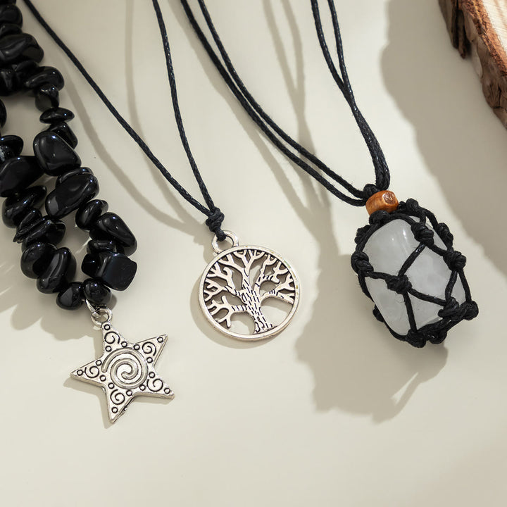 Ensemble de colliers avec pendentif en obsidienne et arbre de vie contre le mauvais œil Olivenorma 