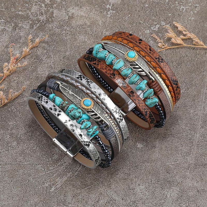 Bracelet en cuir multicouches marron vintage turquoise Olivenorma
