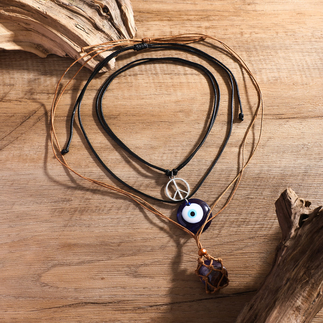 Ensemble de colliers avec pendentif en obsidienne et arbre de vie contre le mauvais œil Olivenorma 