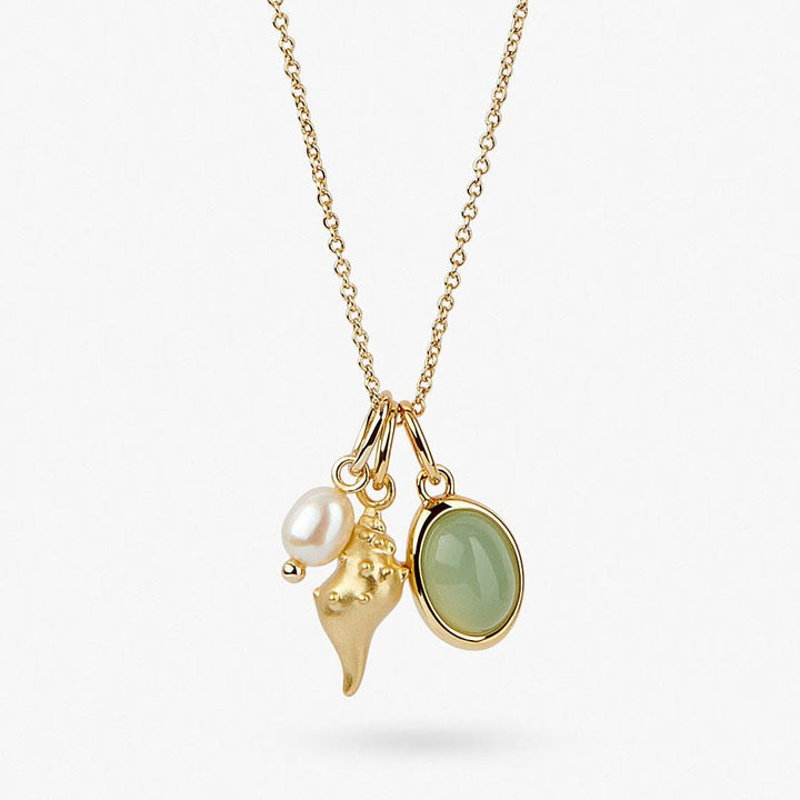 Collier pendentif conque en aventurine verte et perles d'eau douce Olivenorma