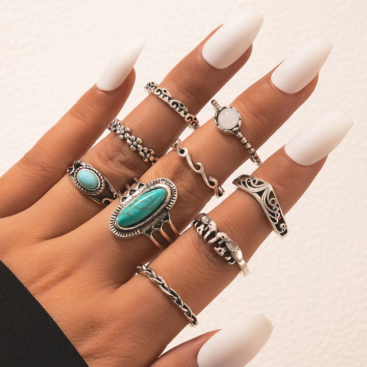 Ensemble de 8 bagues en feuille d'éléphant turquoise et opale Olivenorma 